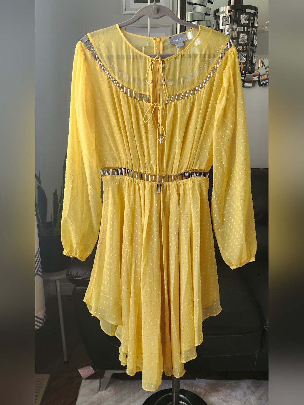 Finders Keepers Yellow Swiss Dot Long Sleeve Tie Front Dress